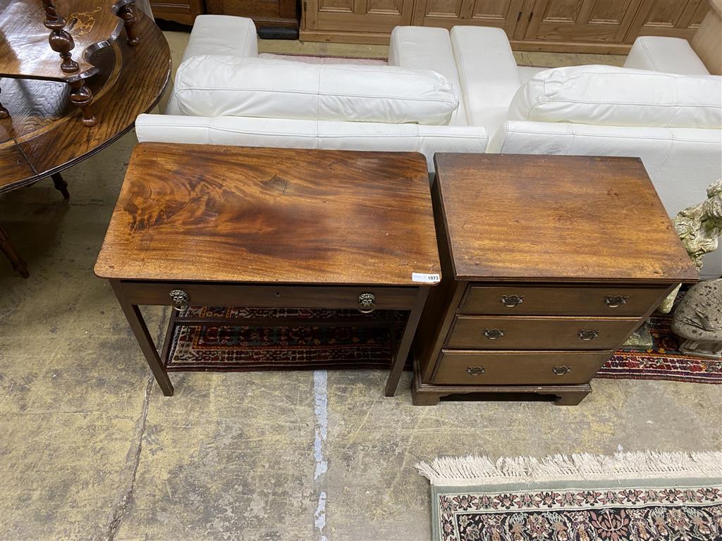 A George III mahogany side table, width 83cm, depth 47cm, height 72cm together with a small reproduction George III style mahogany ches